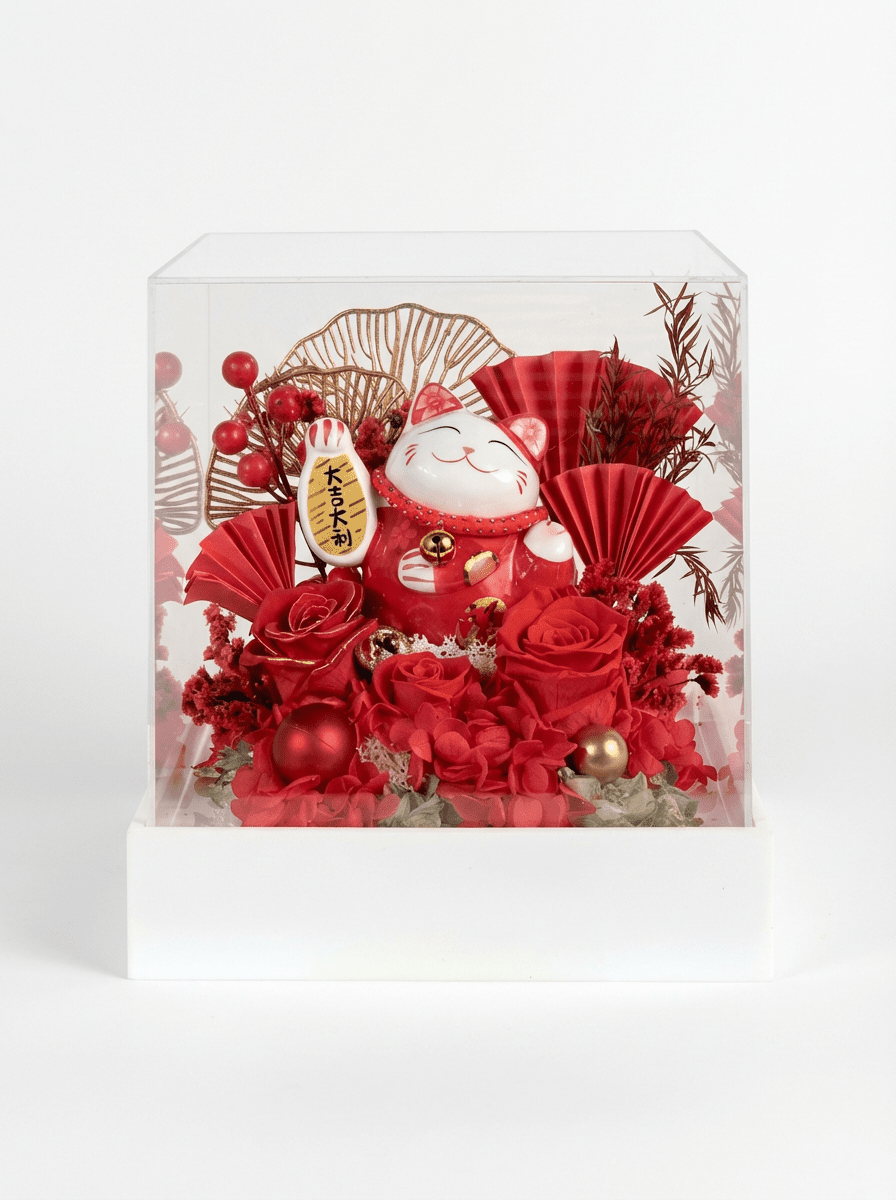 Maneki - Neko 招き猫 Flower Box, Red (Good Fortune) - Flowers - Preserved Flowers & Fresh Flower Florist Gift Store