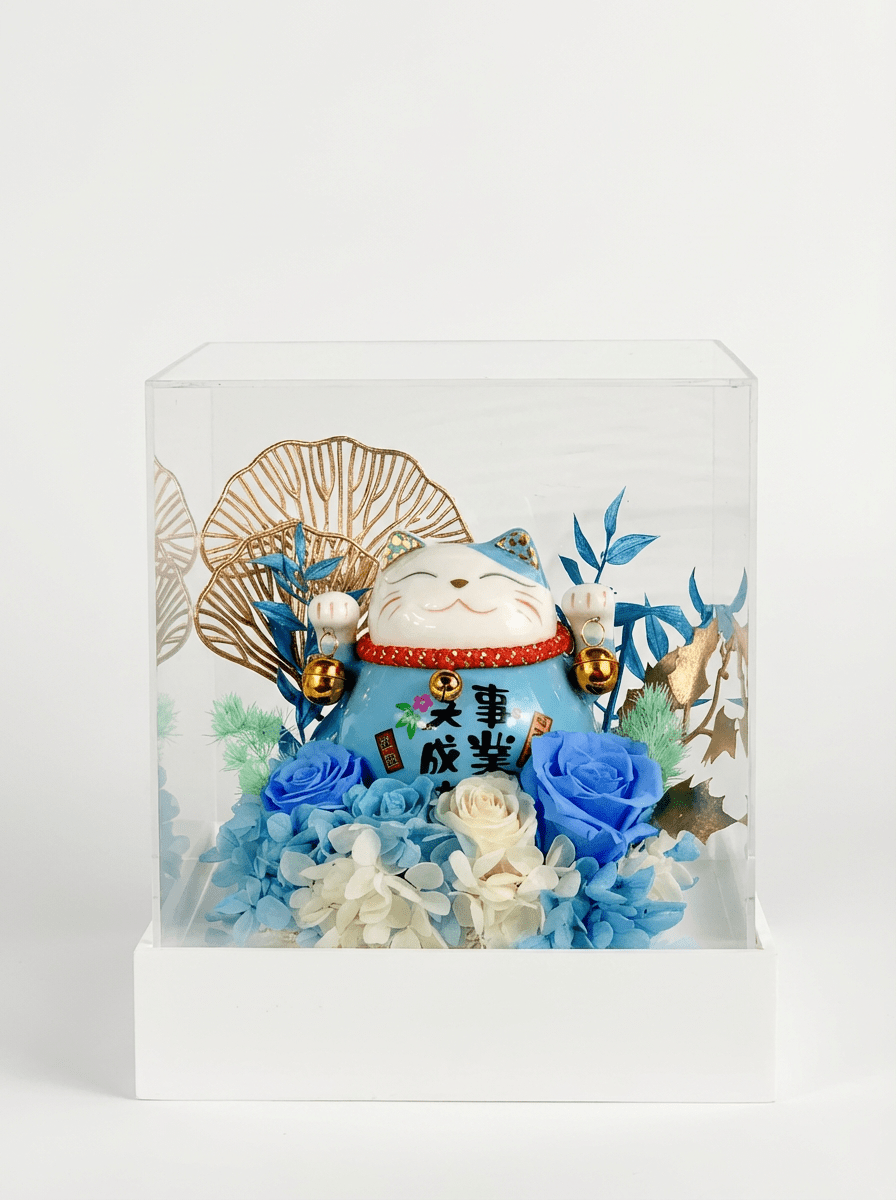 Maneki - Neko 招き猫 Flower Box, Blue (Career & Success) - Flowers - Preserved Flowers & Fresh Flower Florist Gift Store