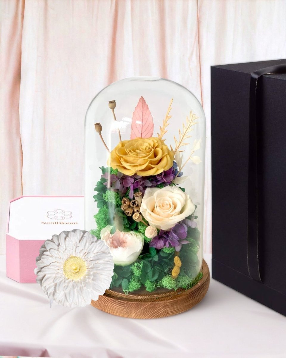 Hazel Roses (large dome with gift box) - Flower - Amber Yellow - Preserved Flowers & Fresh Flower Florist Gift Store