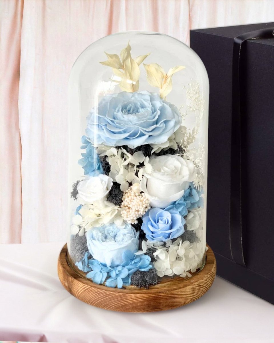 Hazel Roses (large dome with gift box) - Flower - Aqua Blue - Preserved Flowers & Fresh Flower Florist Gift Store