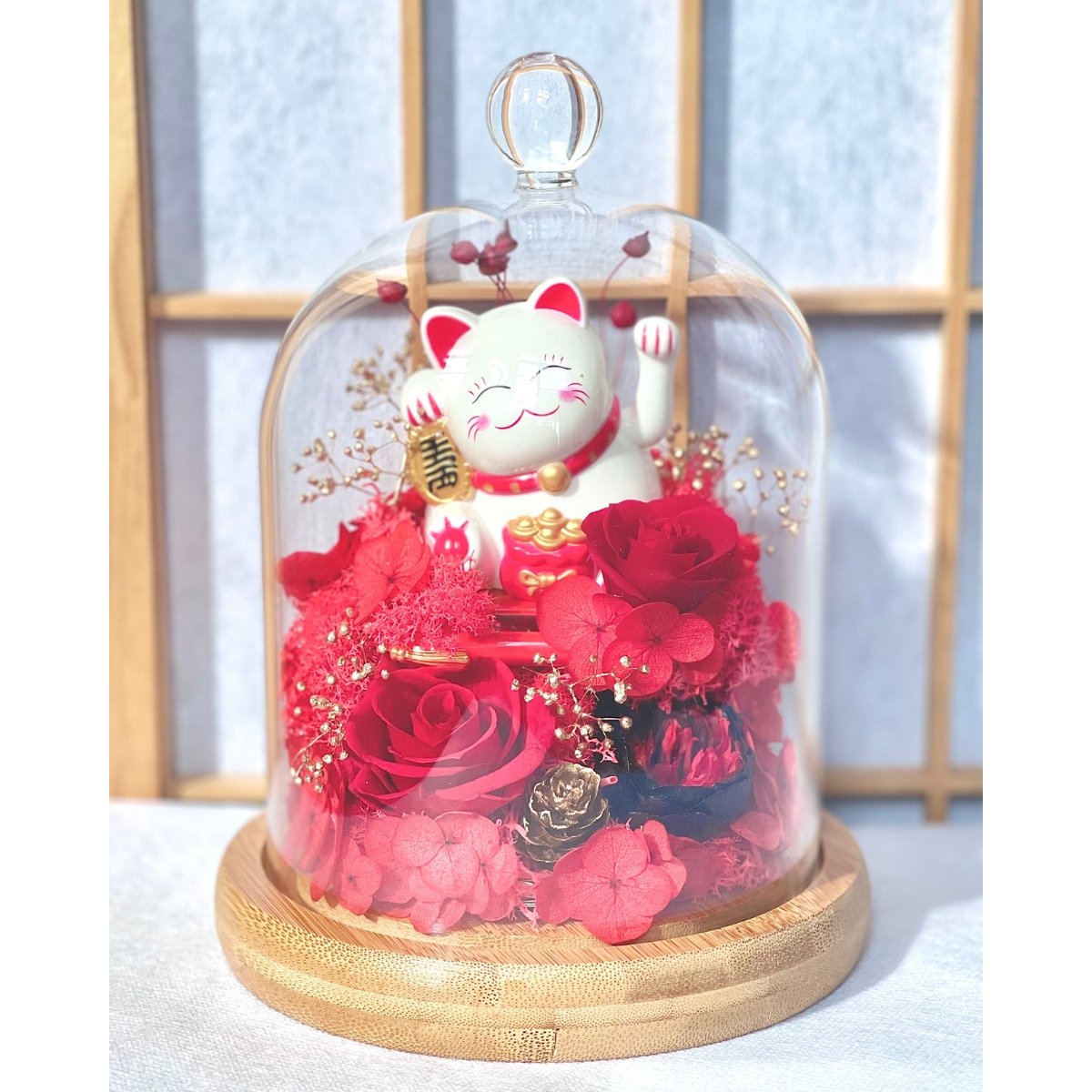 Maneki-Neko 招き猫 Bell Jar, Red (with gift box) - Flower - Preserved Flowers & Fresh Flower Florist Gift Store