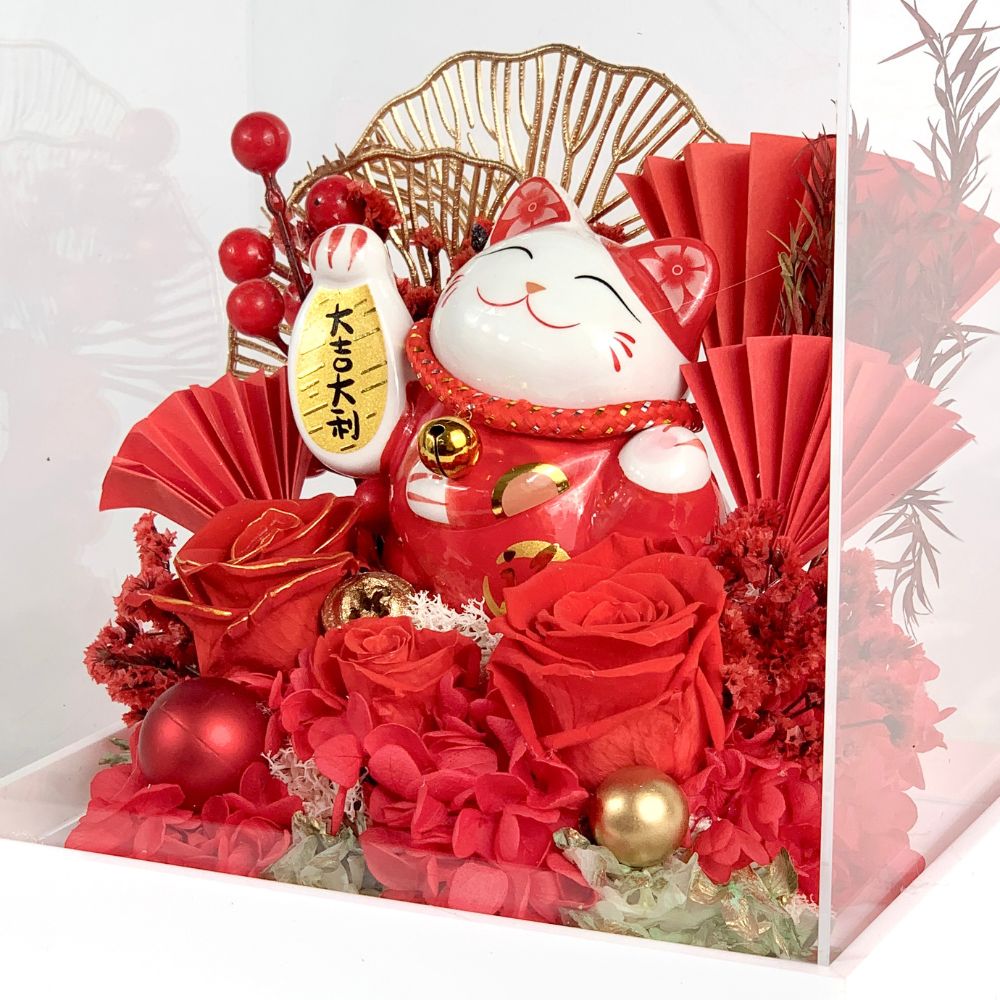Maneki-Neko 招き猫 Flower Box, Red (Good Fortune) - Flower - Preserved Flowers & Fresh Flower Florist Gift Store